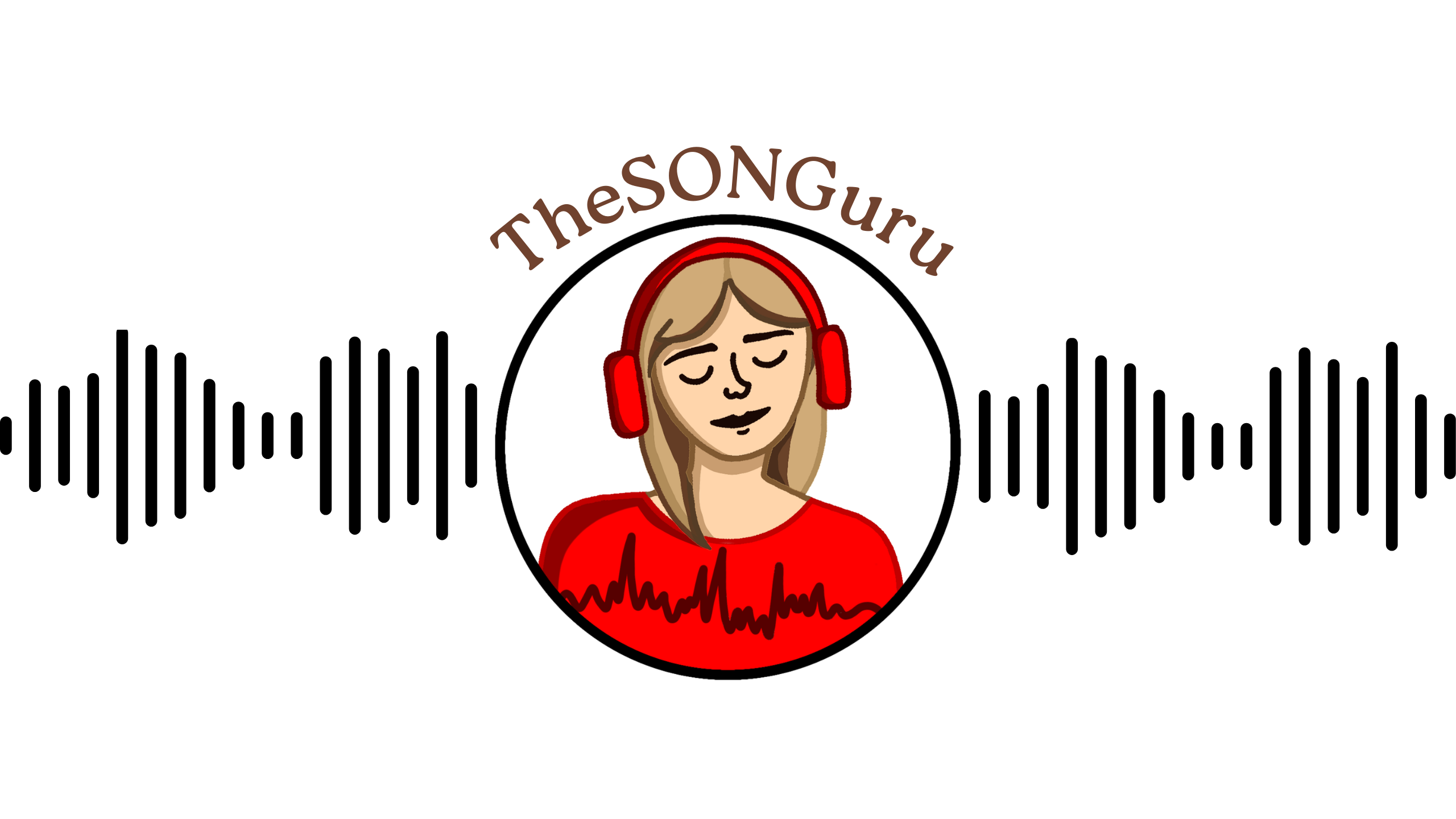 Aryn Michelle - TheSONGuru. Illustration of a woman with red headphones and audio waveform graphics.